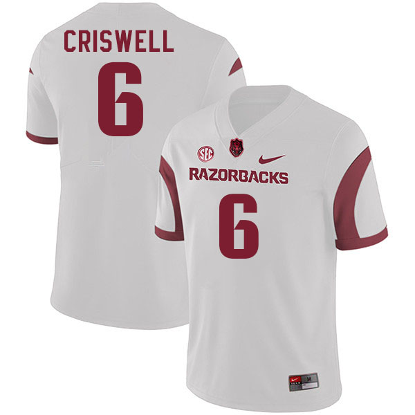 Men #6 Jacolby Criswell Arkansas Razorback College Football Jerseys Stitched Sale-White - Click Image to Close